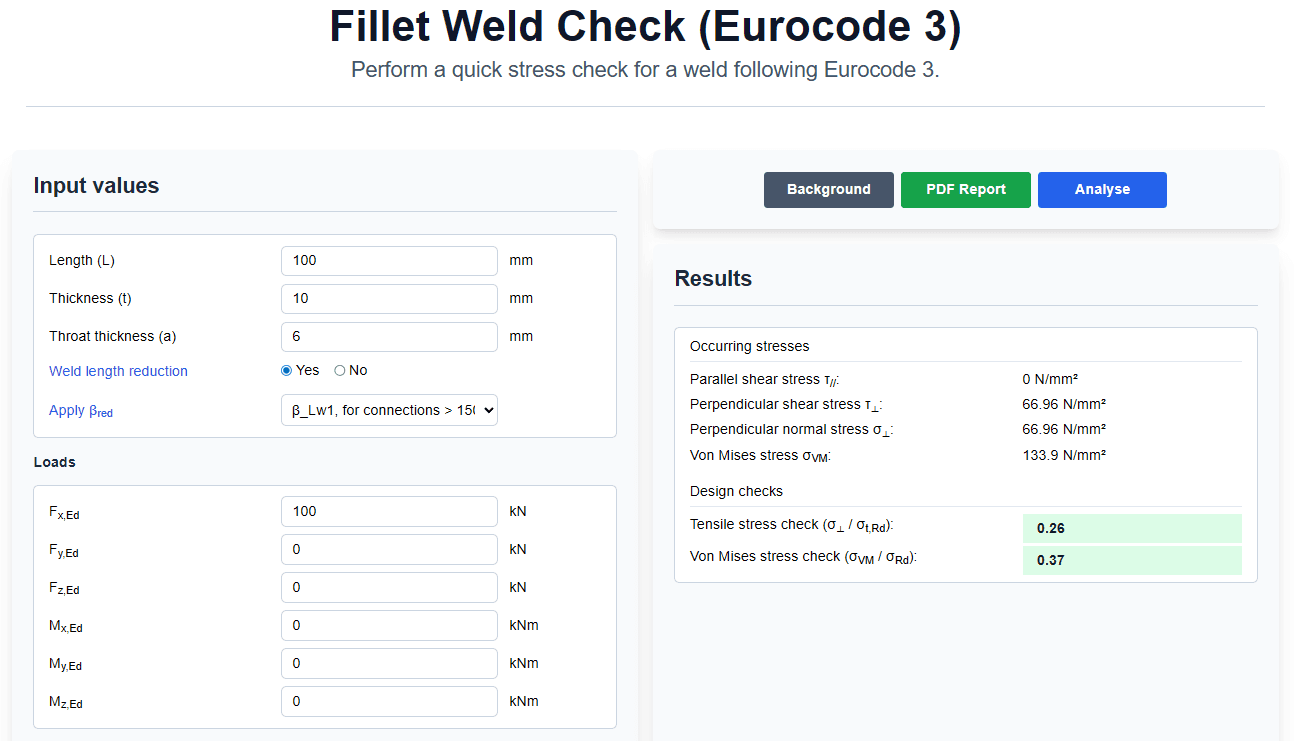 Beam calculation interface showing green utilization ratios